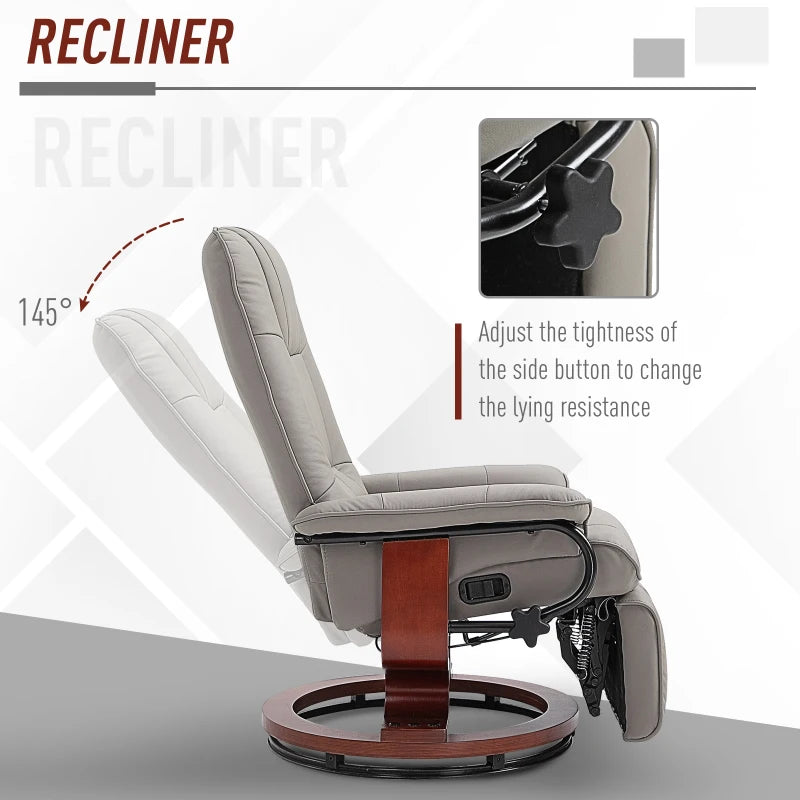 Grey Faux Leather Manual Recliner Armchair with Wooden Base for Living Room and Bedroom Comfort