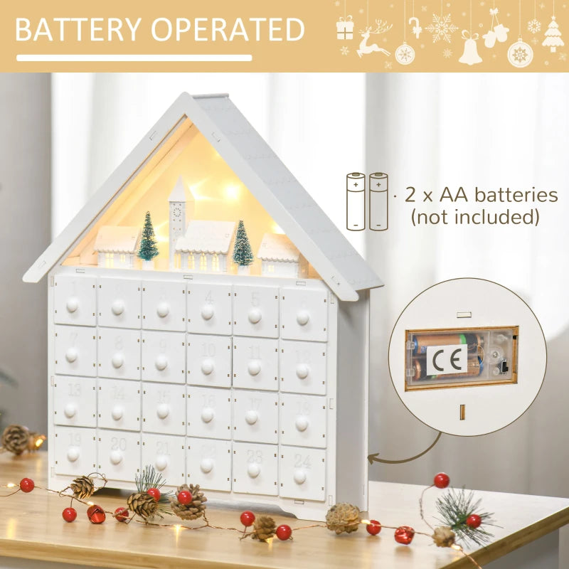 24-Drawer Light-Up Wooden Christmas Advent Calendar - Traditional Holiday Countdown Decoration for Kids & Adults - White House Design