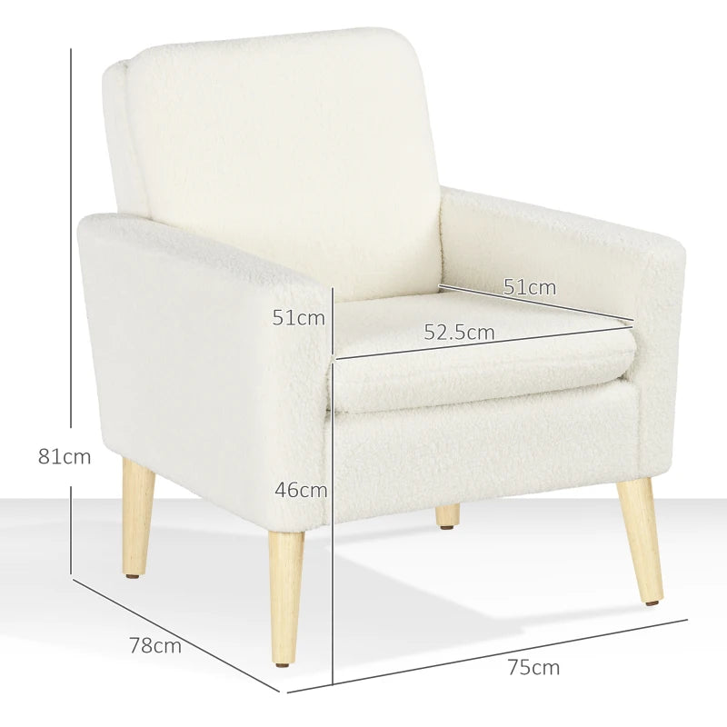 Upholstered Accent Armchair with Wooden Legs and Wide Padded Seat in Cream White, Teddy Fabric Occasional Chair