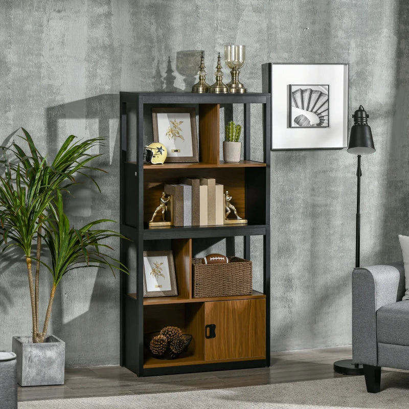 Modern 4-Tier Bookshelf with Closed Cabinet - Freestanding Bookcase for Living Room, Home Office & Study - Walnut Brown