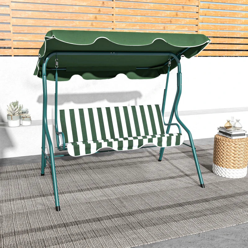 Green Striped 3-Seater Outdoor Swing Bench with Adjustable Canopy