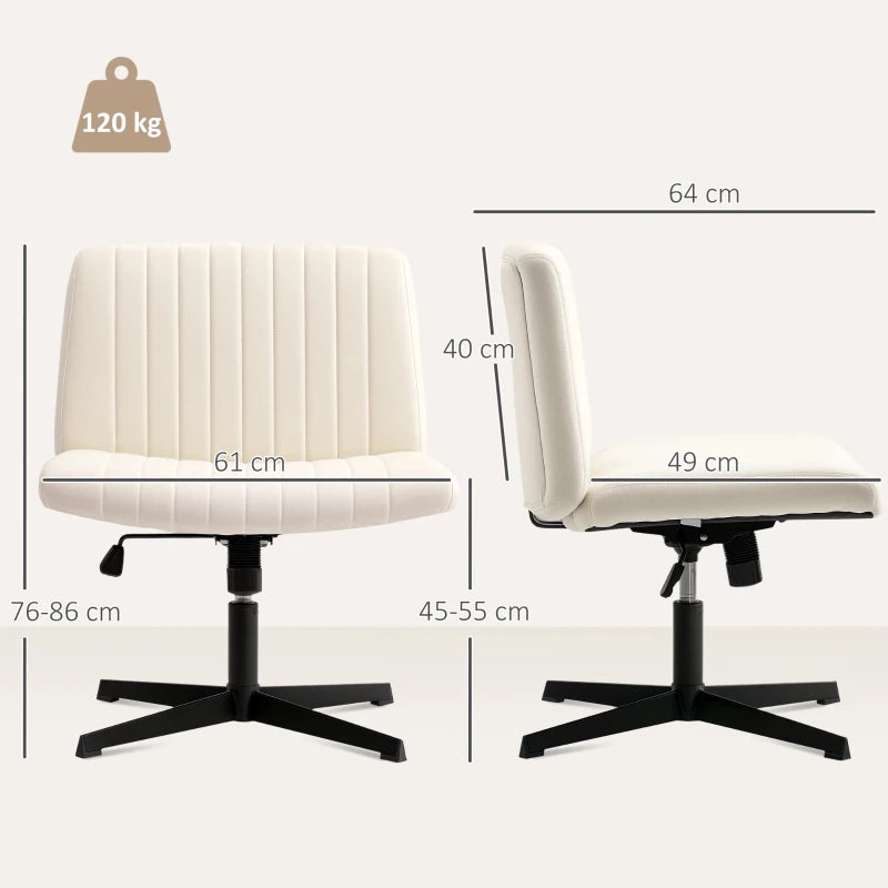 Armless Linen Fabric Office Chair - Criss Cross Legs, Wide Seat, Thick Padding, Adjustable Height, Cream - No Wheels