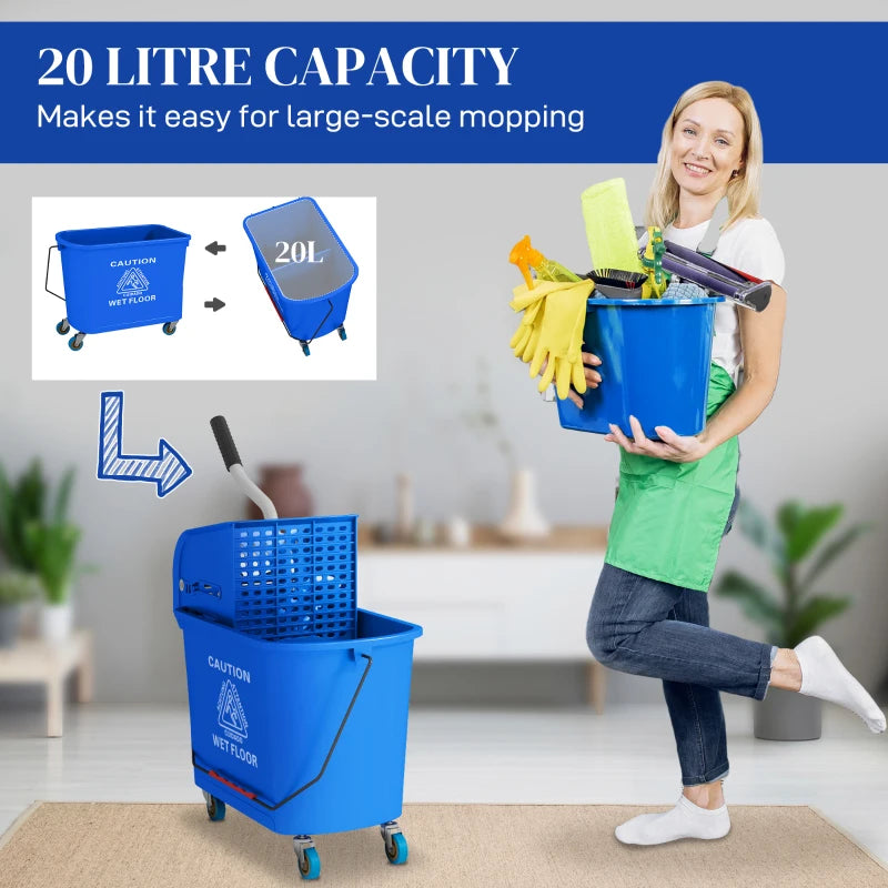 20L Compact Mop Bucket on Wheels with Water Separation Panel - Blue | Ideal for Easy Cleaning and Storage