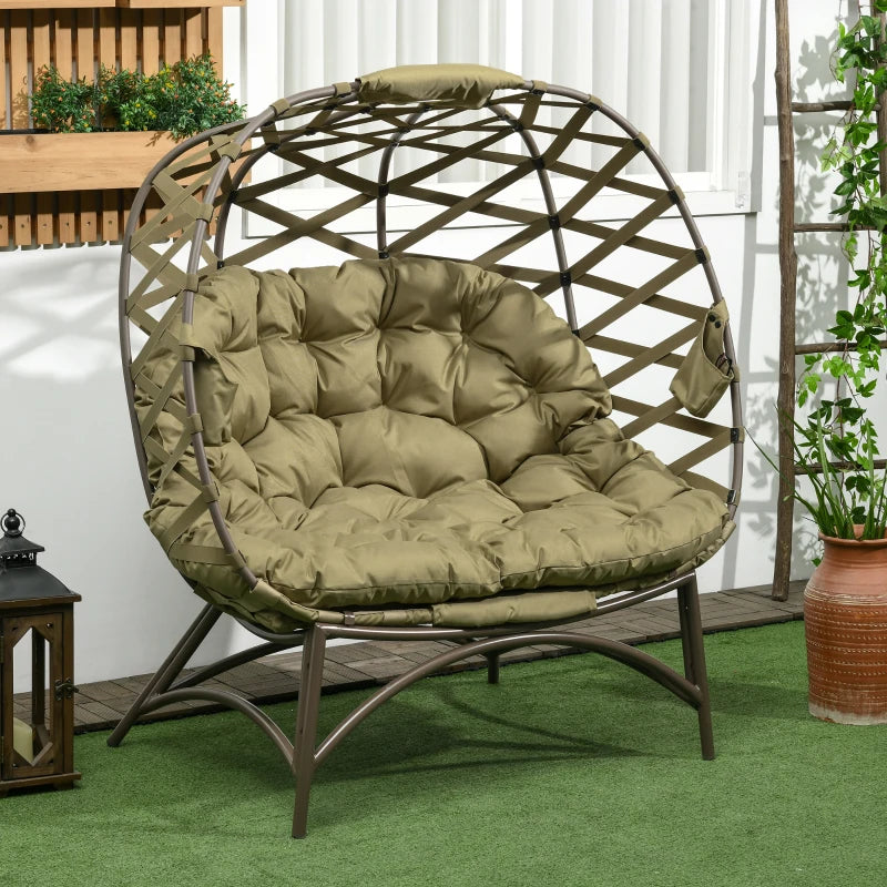 Khaki Folding 2 Seater Outdoor Egg Chair with Cushion and Cup Holders
