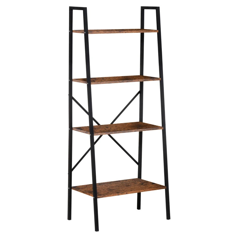 4-Tier Industrial Ladder Shelf - Rustic Brown & Black Bookshelf for Living Room, Bedroom, Kitchen Storage Rack