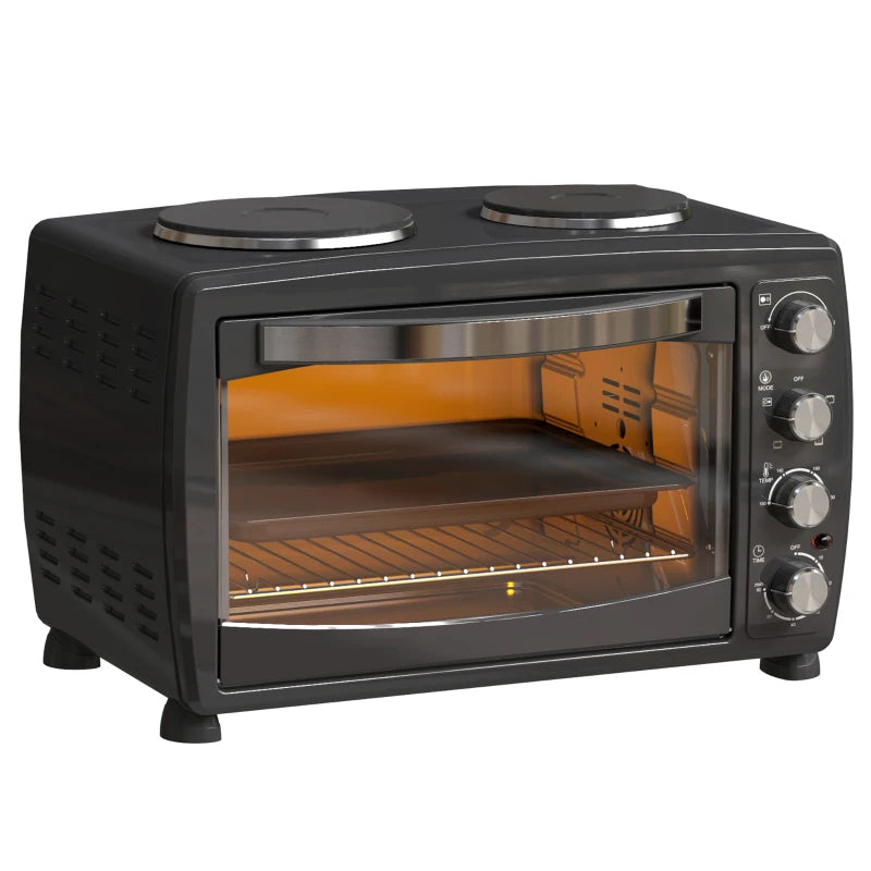 36L Electric Countertop Toaster Oven with 2 Hot Plates, Timer, Adjustable Temp, Baking Tray & Grill Rack - 2600W Black
