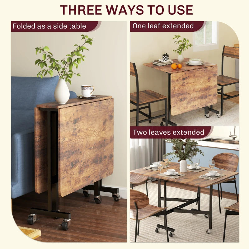 Versatile Six-Seater Drop-Leaf Dining Table on Wheels - Stylish Brown Wood-Effect for Space-Saving Dining Solutions