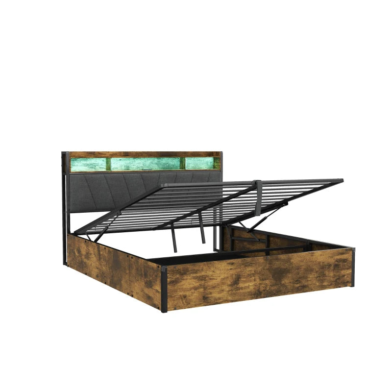 Double Bed Frame with RGB LED Headboard & Charging Station, Hydraulic Storage, Linen Fabric, Black & Walnut, 205x136x109 cm