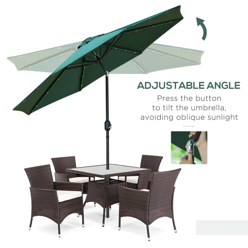 Green 2.7m Patio Garden Umbrella with Tilt Crank and LED Lights