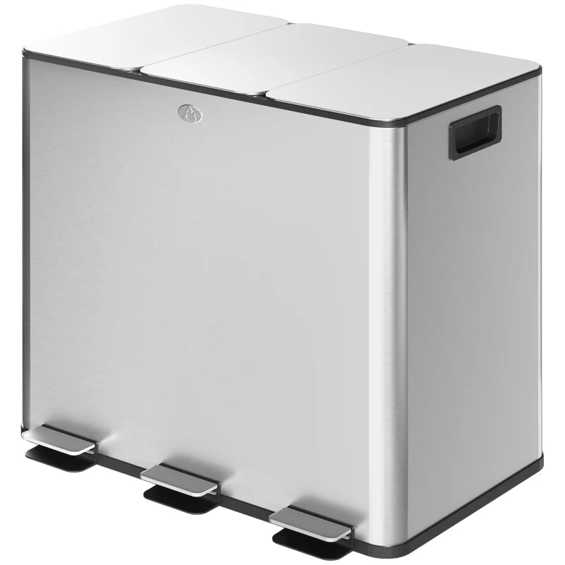 3 x 15L Steel Pedal Bin Set - Triple Kitchen Trash Can with Soft Close Lid, Removable Buckets, Fingerprint-Proof Silver