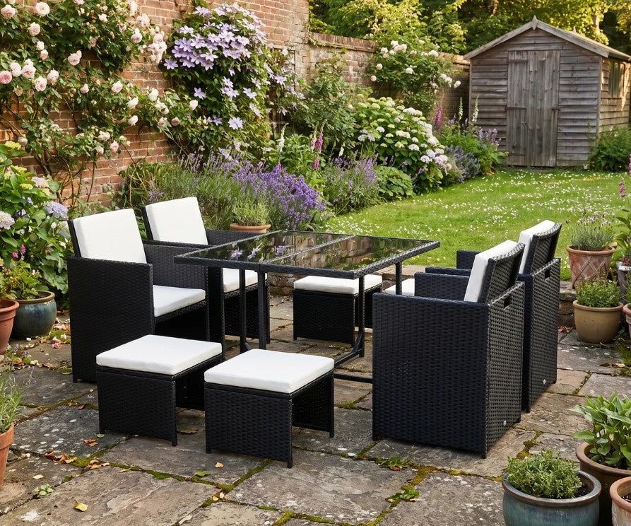 Black 9 Piece Rattan Dining Set With Glass Top Table & White Cushions