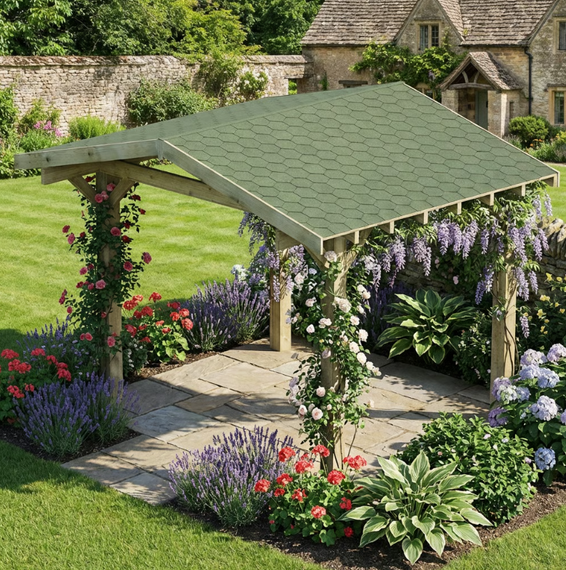 Ruby Wooden Gazebo - Katepal Green Shingle Roof - Apex Design - No Overhang