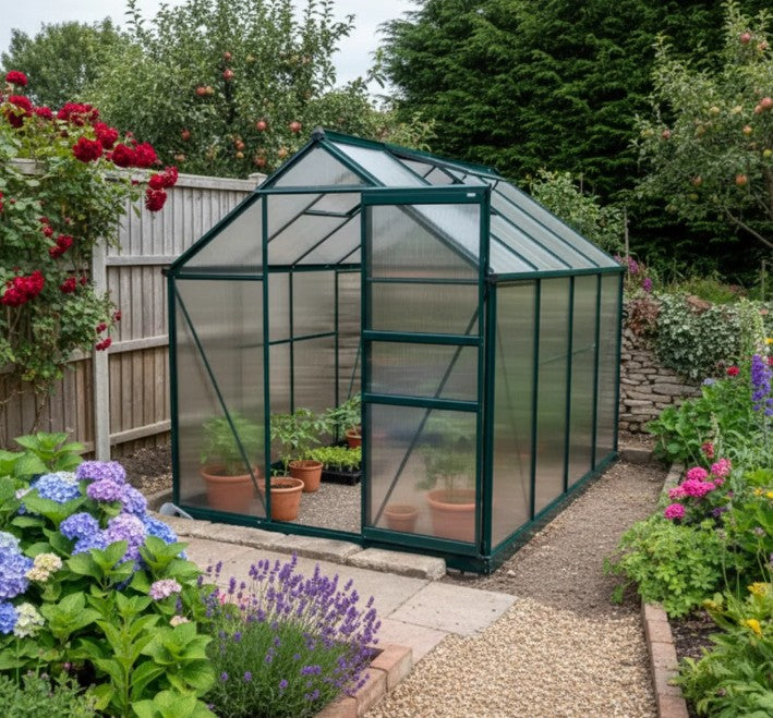 Dark Green 6ft x 8ft Polycarbonate Walk-In Greenhouse with Sliding Door and Window