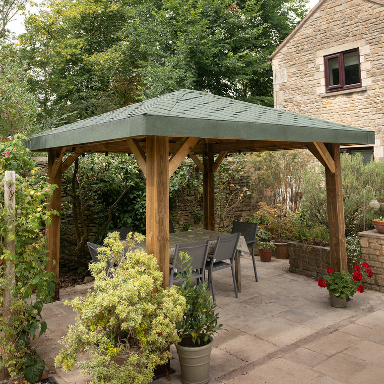 Ruby Wooden 4 Pitch Gazebo with Katepal Green Shingle Roof - Premium Weatherproof Garden Gazebo