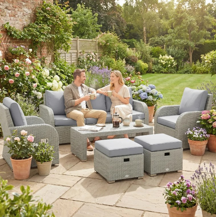 Dark Grey 6-Piece Rattan Garden Lounge Set with Reclining Armchairs, Hidden Footstools & Coffee Table