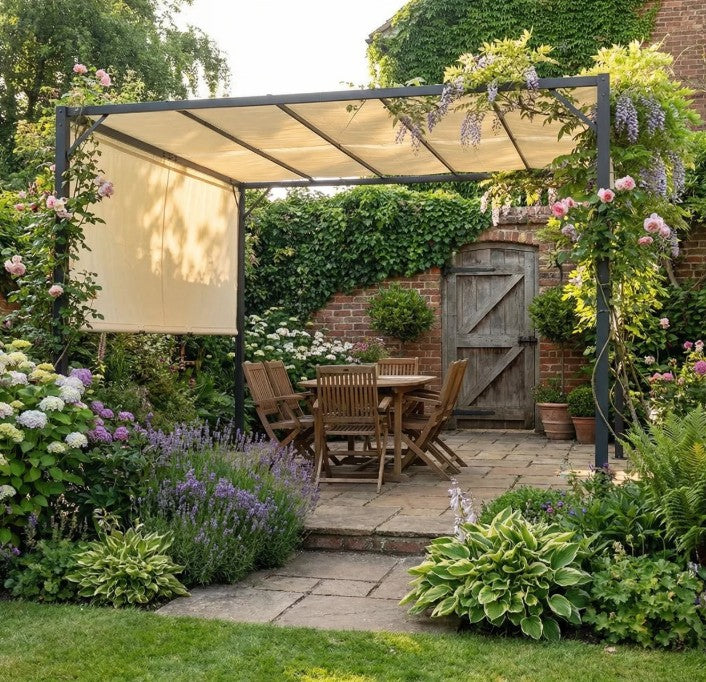 3x3m Metal Pergola with Sliding Canopy Roof – Heavy-Duty Garden Gazebo Party Tent Sun Shelter in Cream White & Black