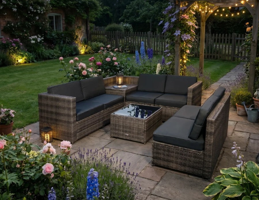 Brown 8 Piece Rattan Furniture Set with Cushions - x3 Two Seater Sofas With Table and Cushions