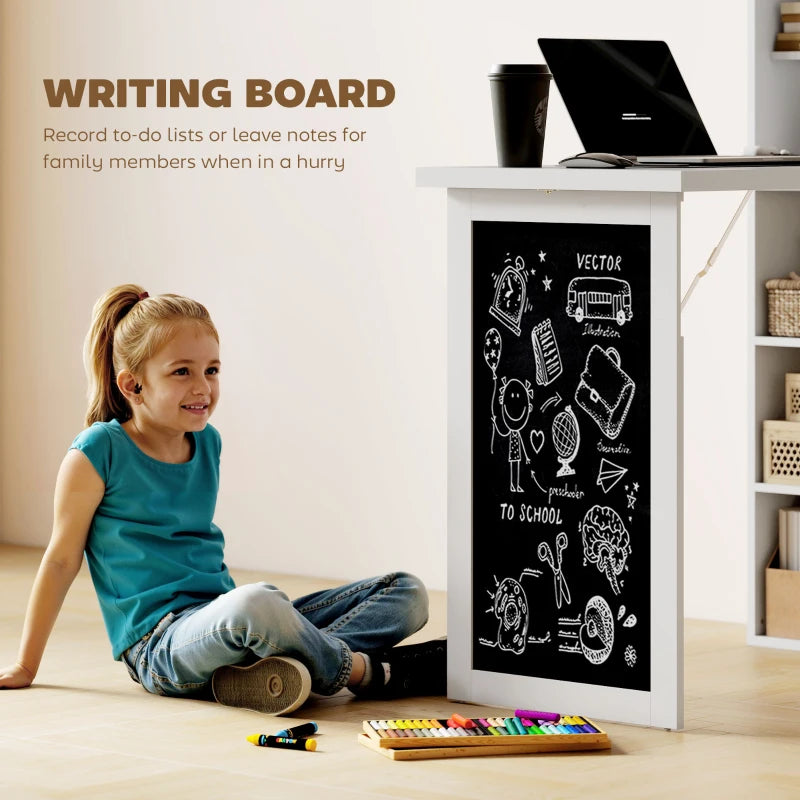 Wall Mounted Folding Computer Desk with Black Board and Bookshelf Multifunctional Floating Writing Table for Home Office White