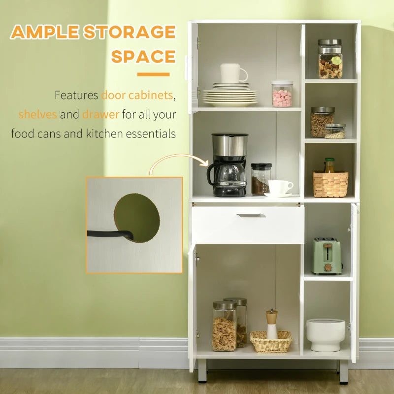Modern White Kitchen Cupboard - Free Standing Storage Cabinet with Shelves & Drawer, 166 cm Tall Kitchen Unit