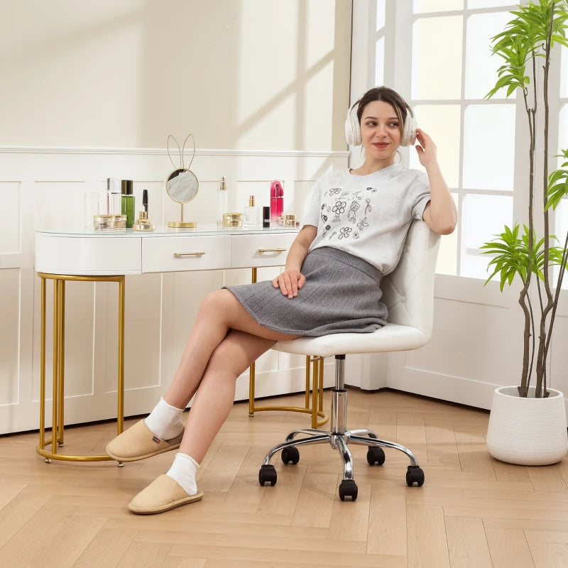 Modern PU Leather Armless Office Chair - Adjustable Height Swivel Vanity Chair with Rolling Wheels for Home Study & Bedroom - White