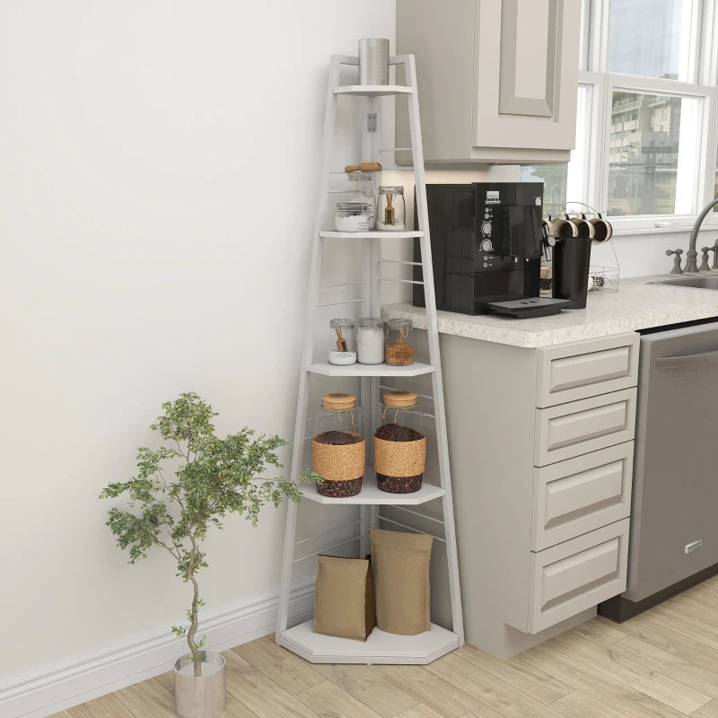 Stylish Five-Tier Corner Shelf in White - Space-Saving Storage Solution for Home Decor and Organization