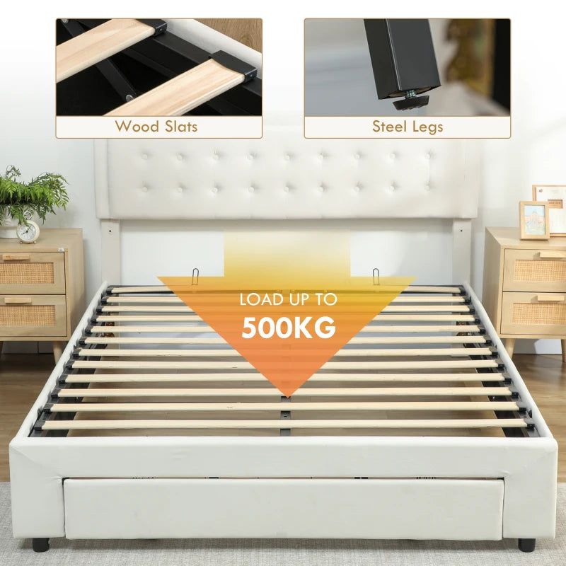 Luxury King Size Ottoman Bed Frame with Front Drawer - Elegant Cream Upholstery for Stylish Storage Solutions