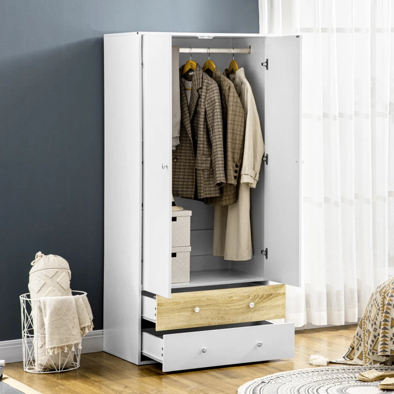 Stylish 2-Door Wardrobe with Drawers and Hanging Rod for Bedroom Storage Solutions