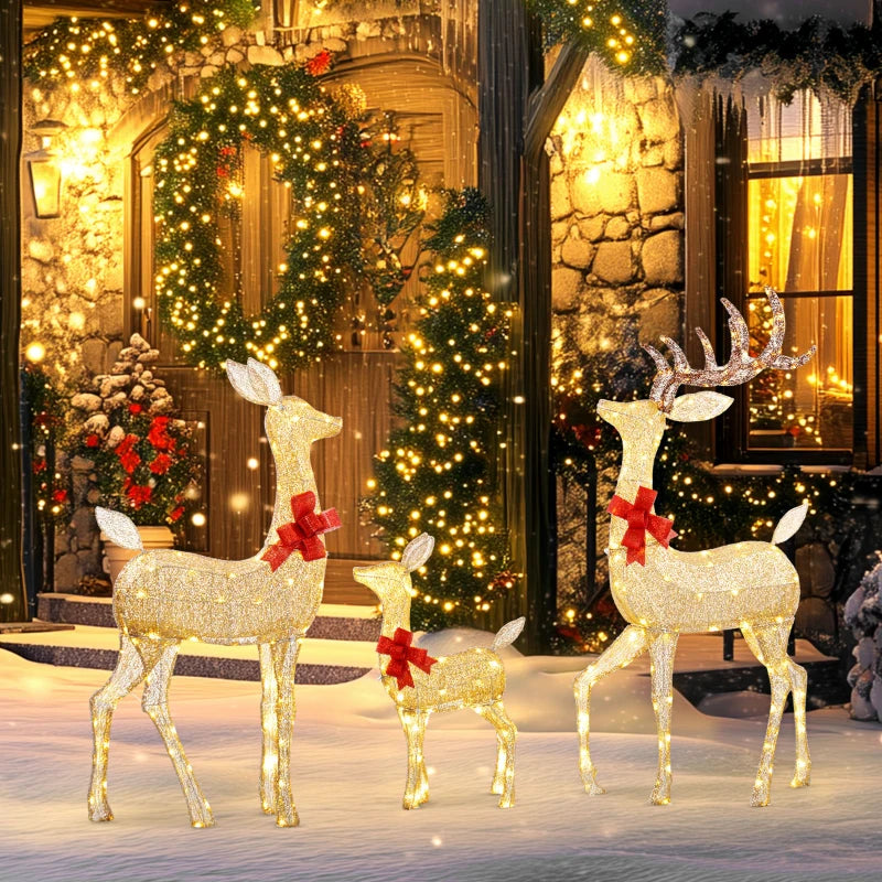 Lighted Reindeer Christmas Decorations - 3-Piece LED Deer Family Set for Outdoor Lawn & Garden - Gold Tone