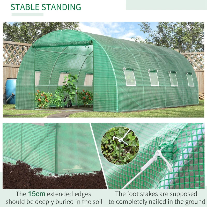 Green Walk-in Garden Tunnel Greenhouse, 6x3M, Roll-Up Door, 8 Windows