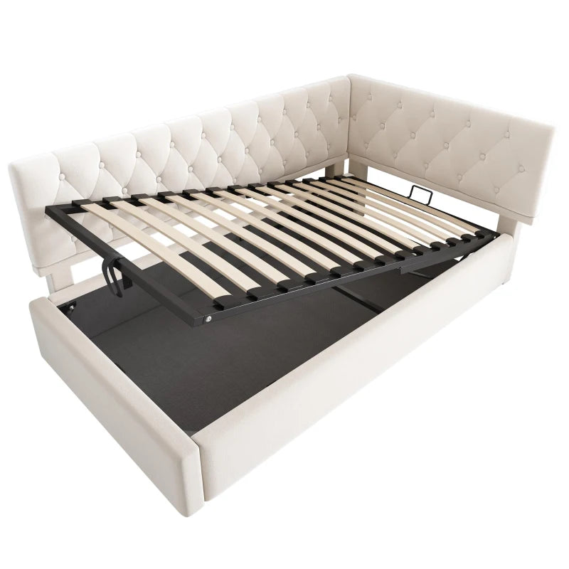 Upholstered Daybed Sofa Bed with Hydraulic Storage Ottoman, Reversible Headboard, 196x100x77 cm, Beige - Stylish & Functional