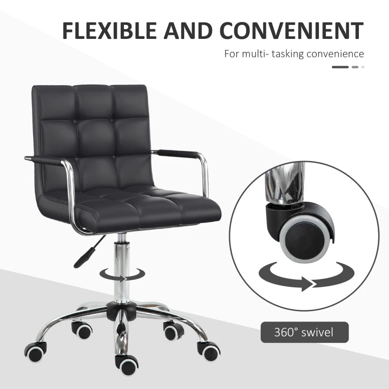 Vinsetto Black Makeup Vanity Chair - PU Leather Mid Back Office Chair with Adjustable Height, Armrests & Rolling Wheels