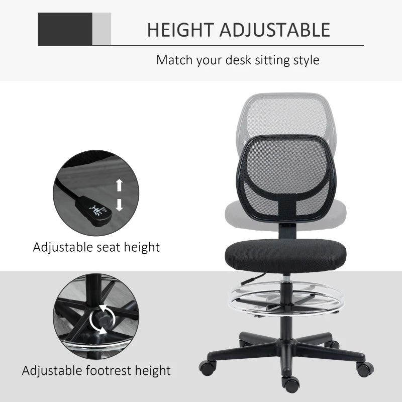 Vinsetto Ergonomic Mesh Standing Desk Chair - Adjustable Footrest Ring & Seat Height - Stylish Black Office Chair