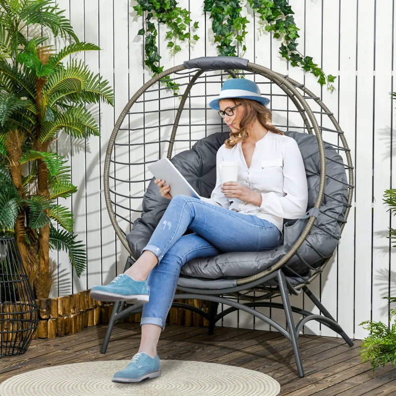 Grey Rattan Egg Chair with Cushion and Bottle Holder - Indoor/Outdoor