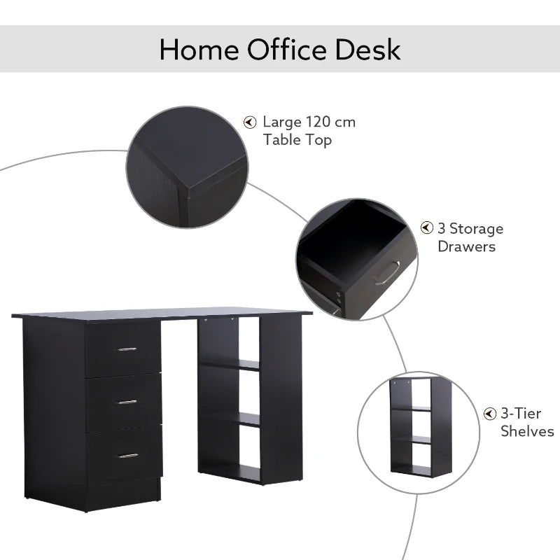 Modern Black Computer Desk with 3 Storage Shelves & Drawers, Stylish Writing Table for Home Office, Silver Handle Workstation