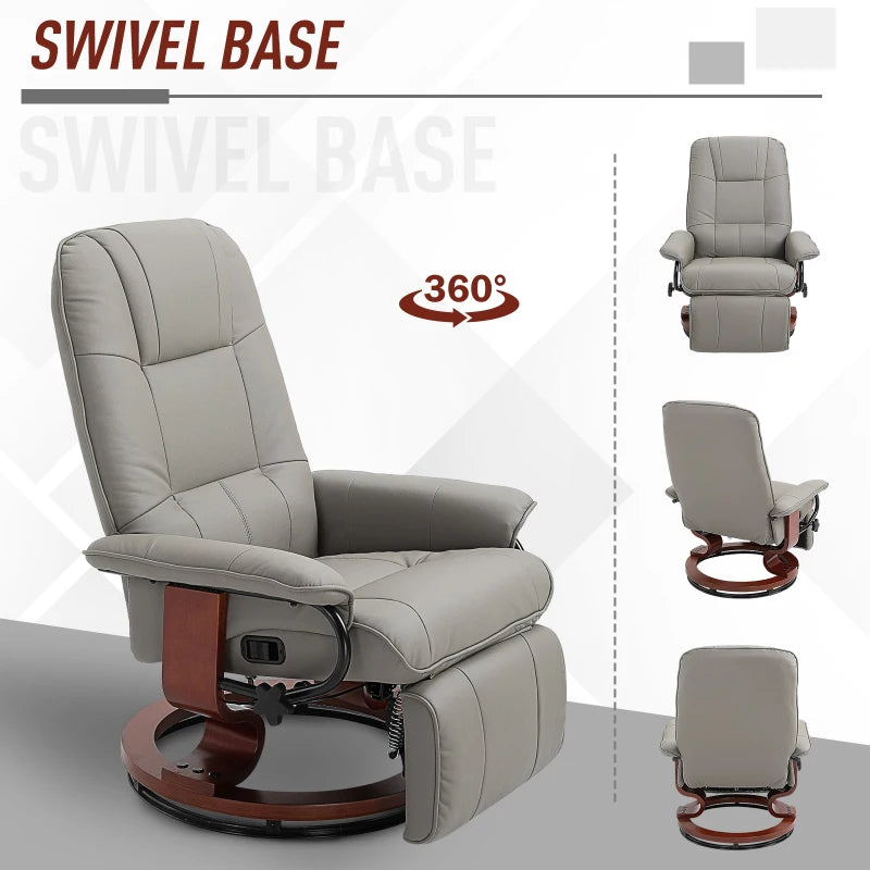 Grey Faux Leather Manual Recliner Armchair with Wooden Base for Living Room and Bedroom Comfort