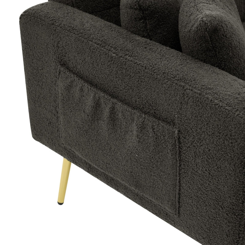 Stylish Modern Loveseat Sofa Bed with Adjustable Backrest, Gold Legs, and Side Storage Pockets in Dark Grey
