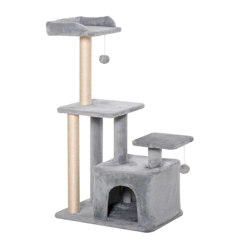 Light Grey Cat Tree Tower 114cm - Indoor Climbing Activity Centre for Kittens with Scratching Post, Perch & Hanging Ball