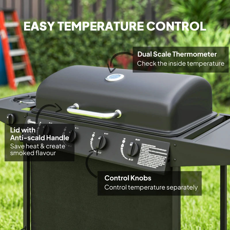 4+1 Burner Portable Gas BBQ Grill with Thermometer, Side Table, Wheels for Outdoor Cooking