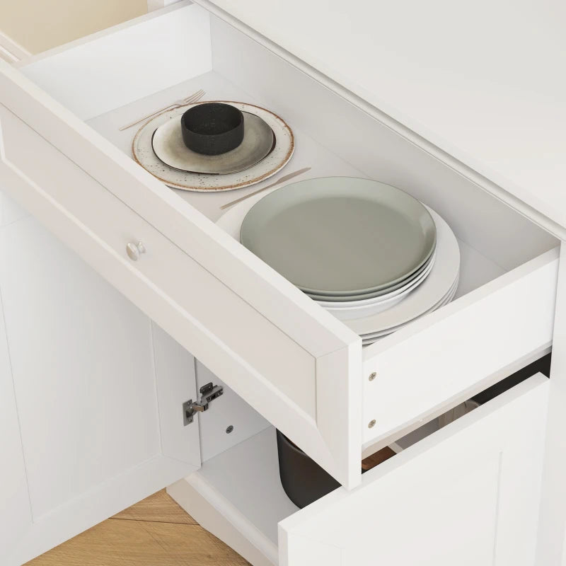 4-Door White Kitchen Cupboard with Drawer, Glass Doors, Adjustable Shelves & Open Counter - Freestanding Storage Cabinet