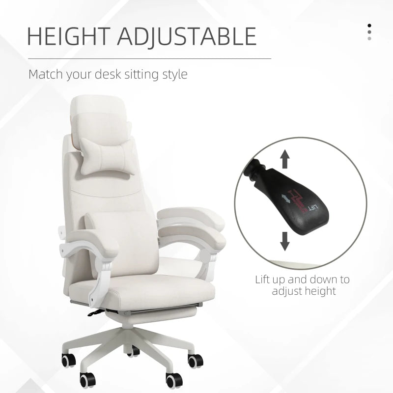 Vinsetto White Linen-Look Office Chair with 160° Reclining Back and Footrest - Ergonomic Comfort for Home & Office