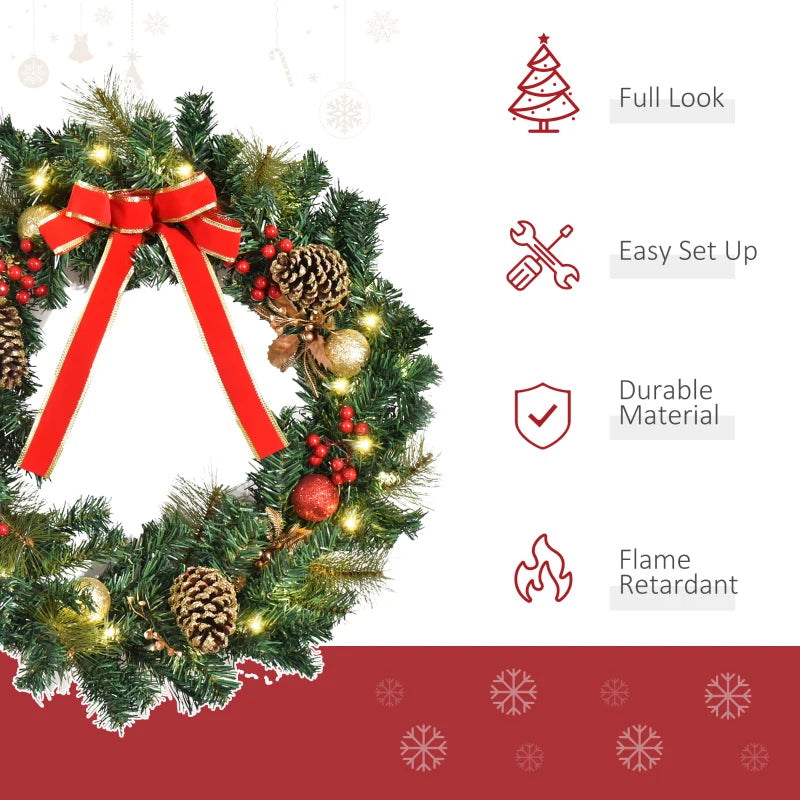 60cm Pre-Lit Artificial Christmas Wreath with Holly, Pine Cones & LED Lights - Glittered Indoor/Outdoor Holiday Decor