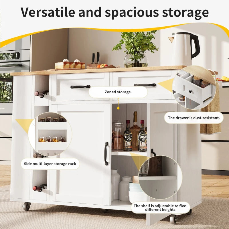 Space-Saving Kitchen Island Trolley with Power Strip, Folding Design & Wine Rack - White & Natural, 131.5L x 76W x 91H cm
