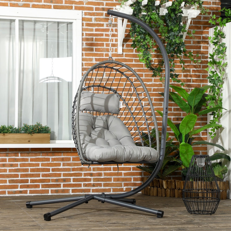 Light Grey Rattan Swing Chair with Cushion and Metal Stand