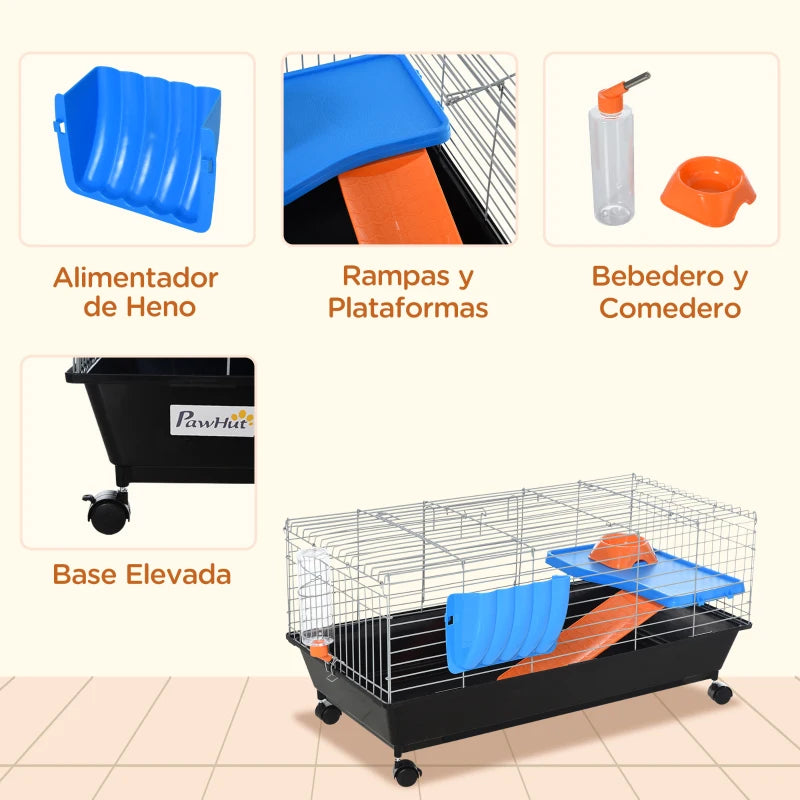 Spacious Small Animal Cage for Rabbits, Guinea Pigs & Chinchillas - Includes Wheels, Water Bottle, Food Dish, Ramp - 89x44x43 cm Black