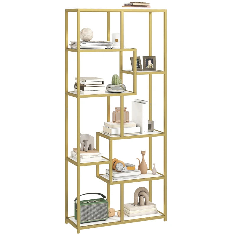 Unique Seven-Tier Geometric Bookcase in White and Gold Tone - Stylish Storage Solution for Modern Home Decor
