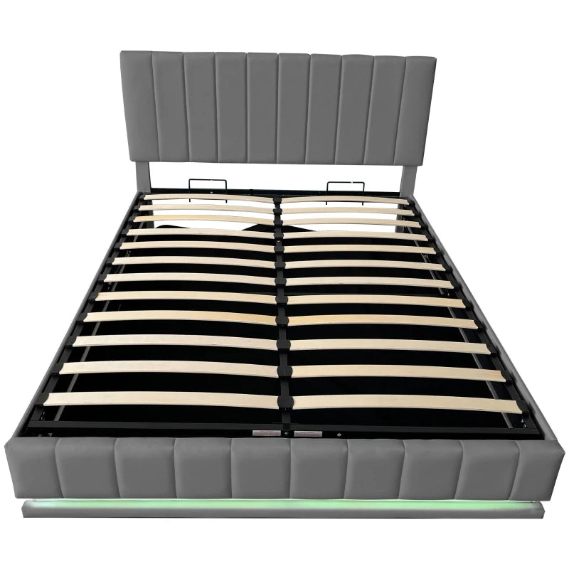 Ottoman Double Bed with Hydraulic Storage & LED Lighting - PU Leather Frame, Adjustable Headboard, Grey, 193x142x101-111 cm