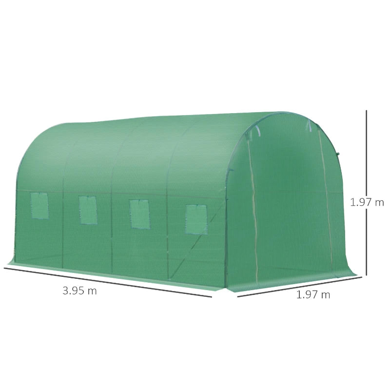 Green Walk-in Garden Tunnel Greenhouse, 4x2M, Roll-Up Door, 8 Windows