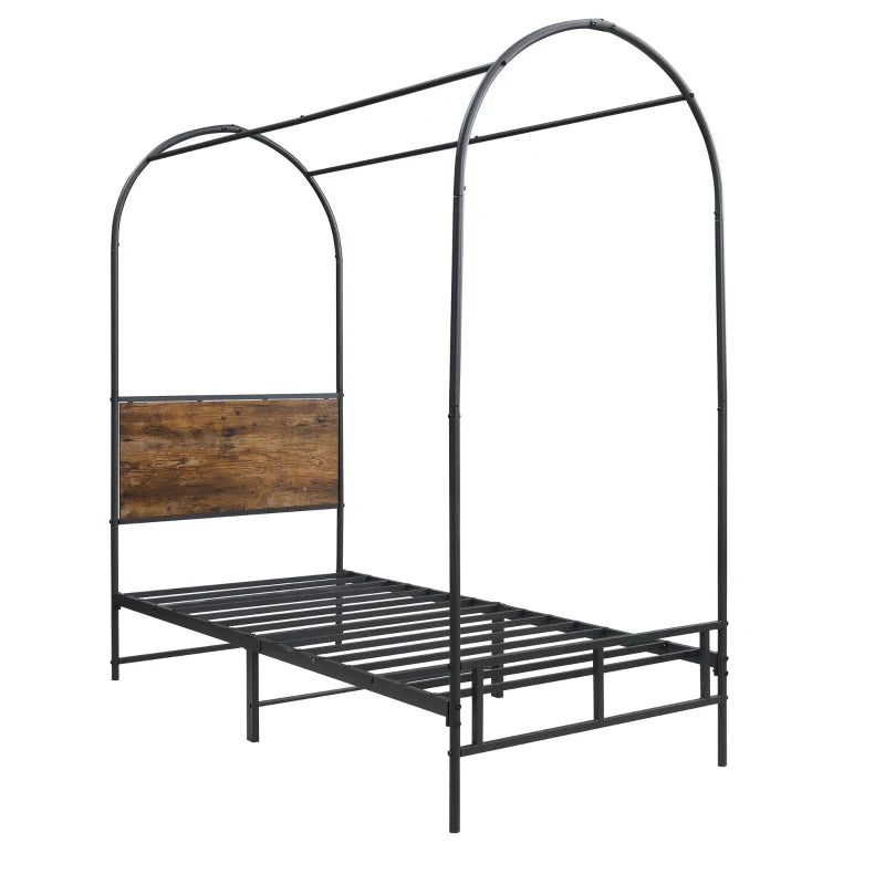 Durable Metal Canopy Bed Frame with Wood Headboard - Easy Self-Installation, Black, 195L x 90.5W x 192H cm