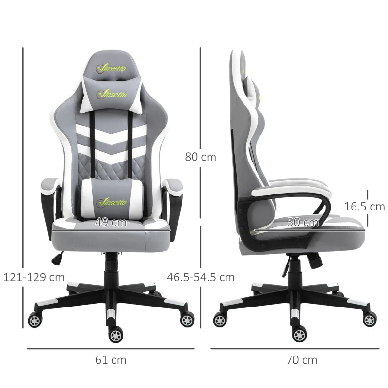 Vinsetto Gaming Chair - Ergonomic Computer Desk Chair with Lumbar Support, Faux Leather, Headrest & Swivel Wheels - Grey White