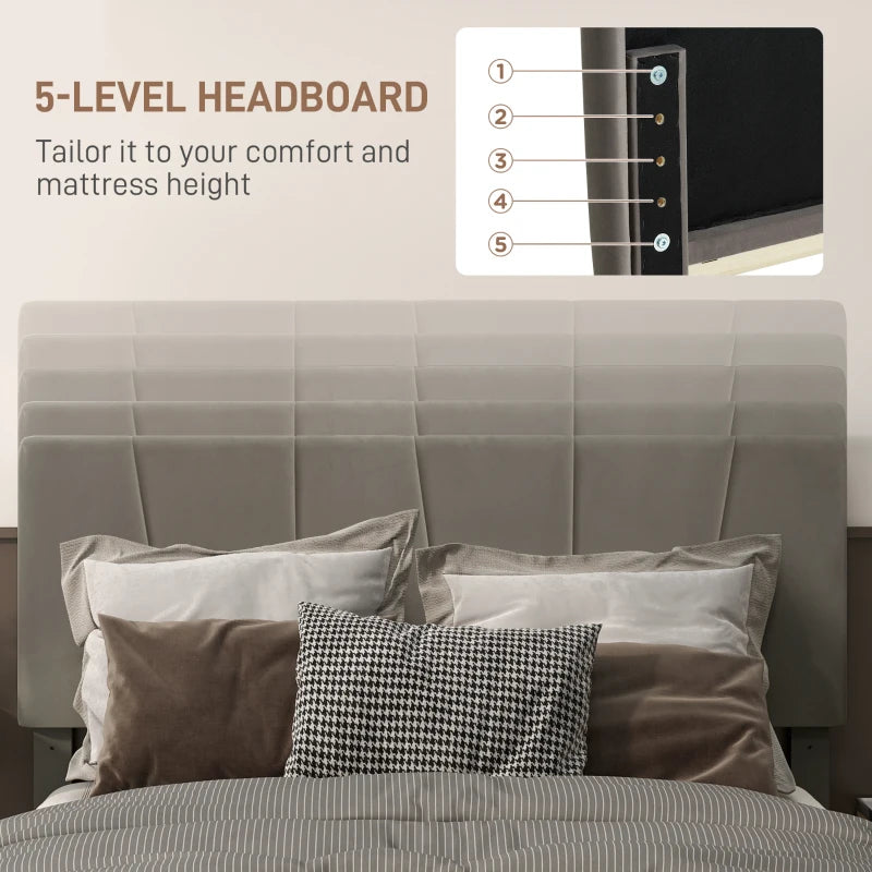 Luxurious King Size Bed Frame with Velvet Headboard Stylish Grey Design 161x208x121cm